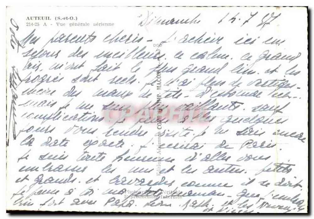 Auteuil (S.-et-O.) — Vista geral aérea — Edições A. Macom — n° 214-25 - Verso