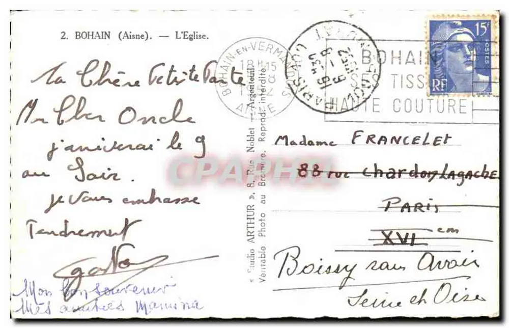 Bohain (Aisne) — A Igreja — Studio Arthur, Boissy-sous-Avoi - Verso