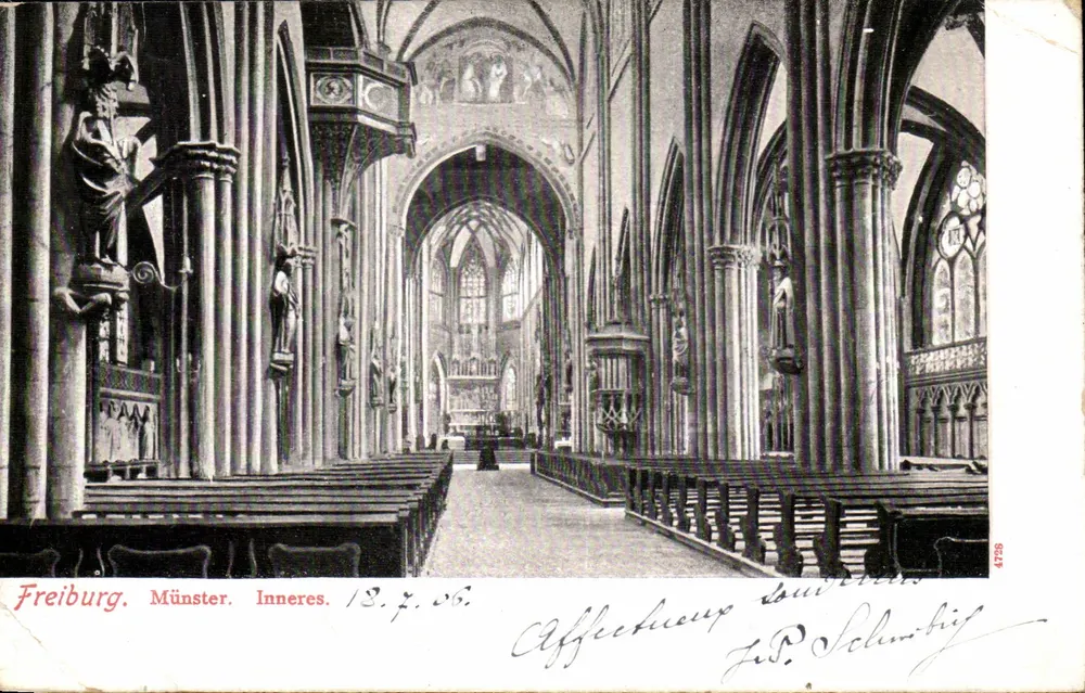 Freiburg. Münster. Inneres — vue intérieure de la cathédrale gothique avec colonnes et stalles, éditeur Kunstanstalt Hermann Ludewig, Leipzig, n° 4788 - Frente