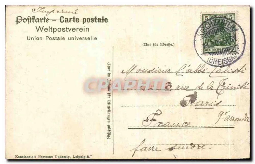 Freiburg. Münster. Inneres — vue intérieure de la cathédrale gothique avec colonnes et stalles, éditeur Kunstanstalt Hermann Ludewig, Leipzig, n° 4788 - Verso