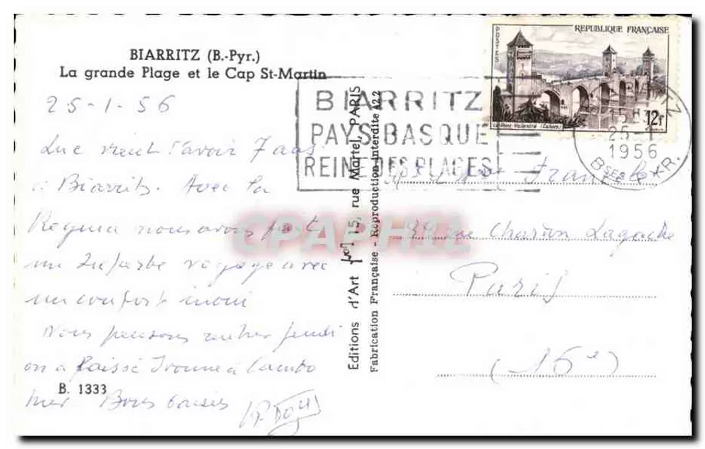 Biarritz — A Grande Praia e o Cabo Saint-Martin — Éditions d'Art Française, n° B.1333 - Verso