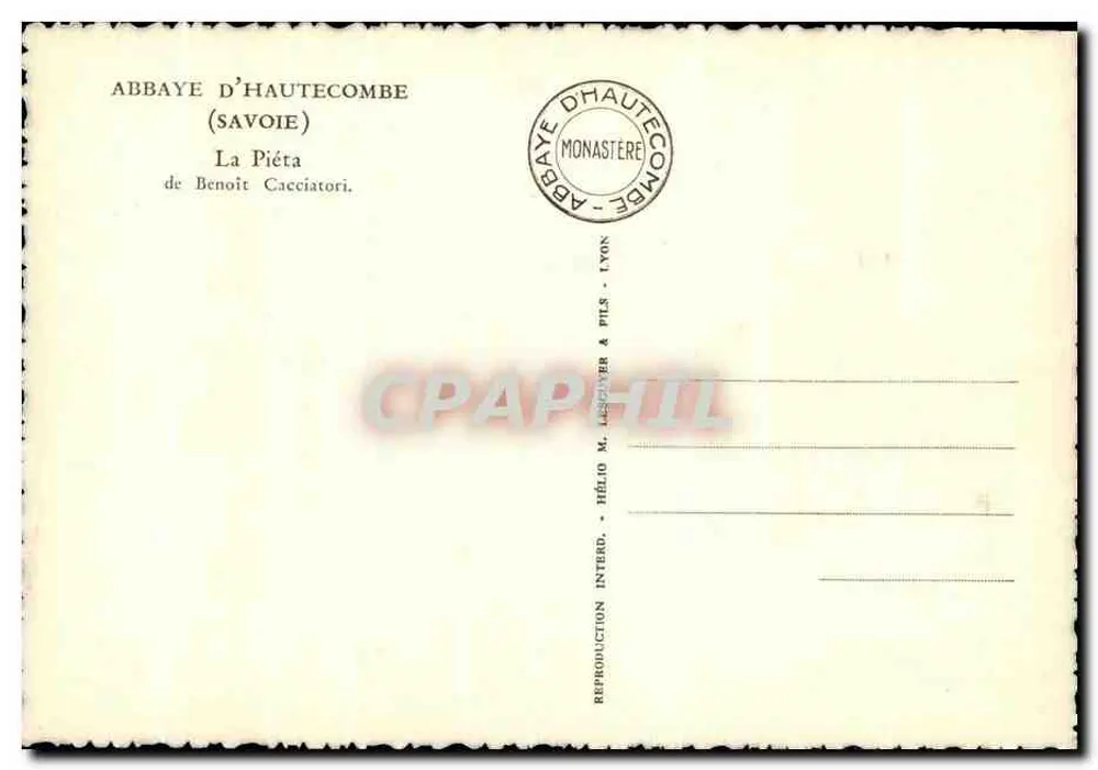 A Pietá de Benoît Cacciatori — Abadia de Haute-Côme (Savoie) — Editor Hélios M. Lescouer & Fils, Lyon - Verso