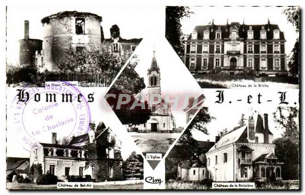 Hommes-sur-Loire — Collage von Denkmälern: Schloss la Briche, Schloss Bel-Air, Schloss la Boissière, Die Kirche — Verlag: Combiér Drucker - Vorderseite