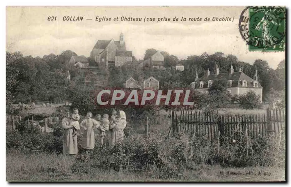 Collan — Église et Château (vue prise de la route de Chablis) — H. Hamelin, éd., Joigny - Recto