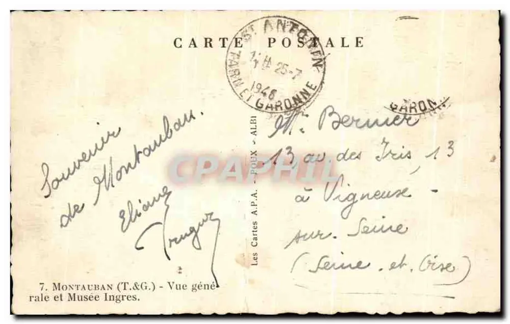 Montauban — Vista geral e Museu Ingres — As Cartas A.P.A. - POEUX - ALBI - Verso