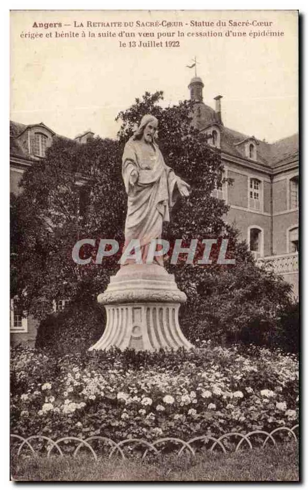 Angers — Die Rückzugstelle des Heiligen Herzens — Statue des Heiligen Herzens errichtet und gesegnet im Anschluss an einen Schwur zur Beendigung einer Epidemie am 13. Juli 1922 - Vorderseite
