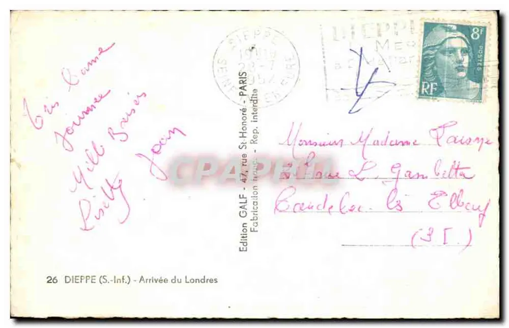 Chegada do Londres — Dieppe (S.-Inf.) — Edição Galf - Verso