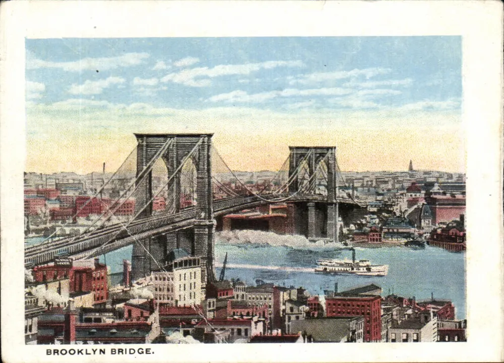 Brooklyn Bridge — vue panoramique sur l'East River et les gratte-ciels — éditeur : 'B. F. Johnson & Co.' (imprimé en bas) - Frente