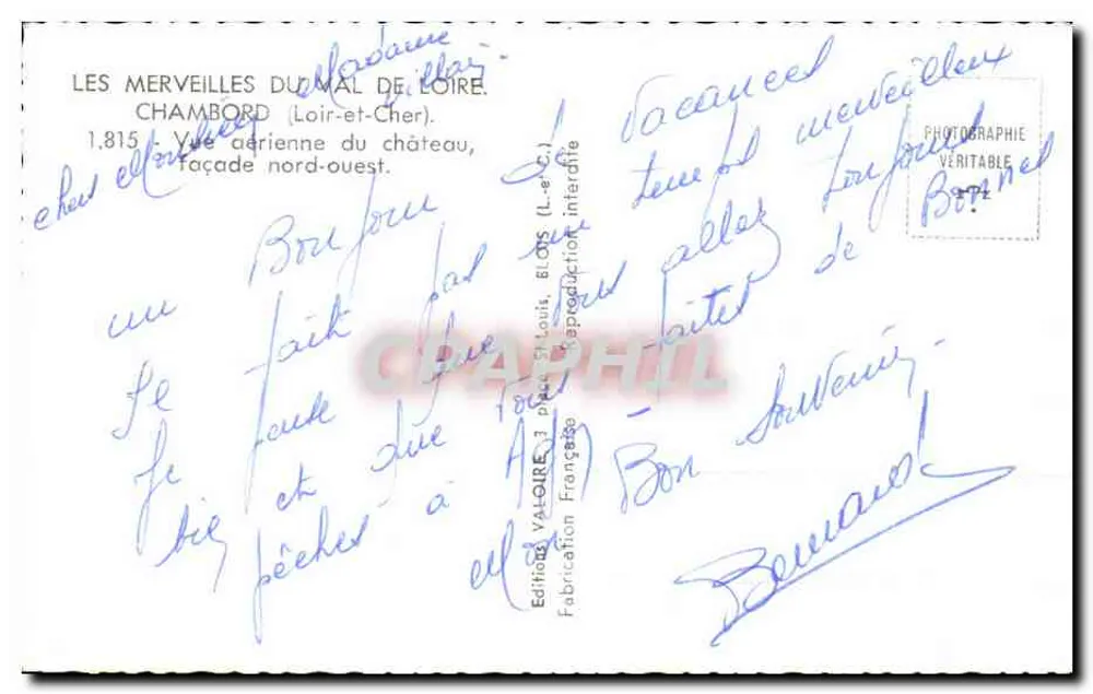 Chambord — Luftbild des Schlosses, Nordwestfassade — Éditions Valoire - Rückseite