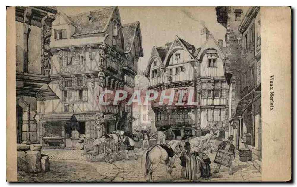 Vieux Ménilly — rua animada com carruagens e edifícios com colmatações — editor Vieux Ménilly - Frente