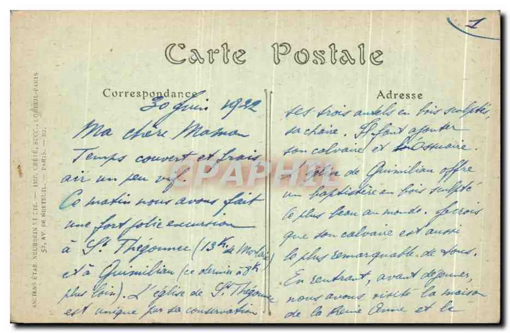 Morlaix — Fonte das Carmelitas (século XV) — Editor: Antigos Estabelecimentos Sire & Cie, Paris - Verso