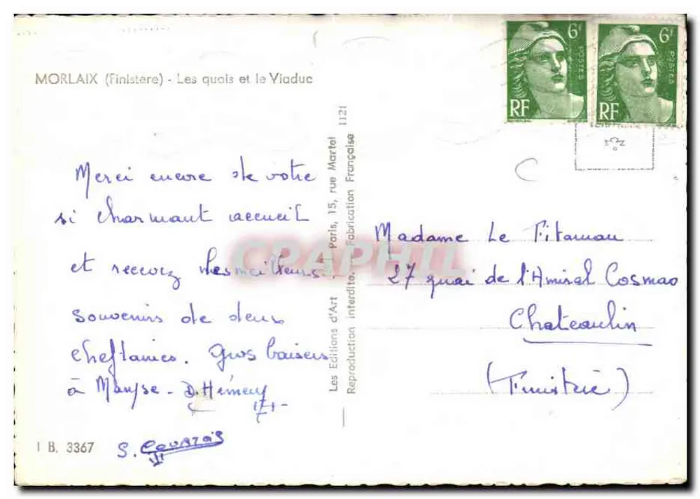 Morlaix (Finistère) - Os cais e o Viaduto — Edições d'Art Martel, n° 1121 - Verso