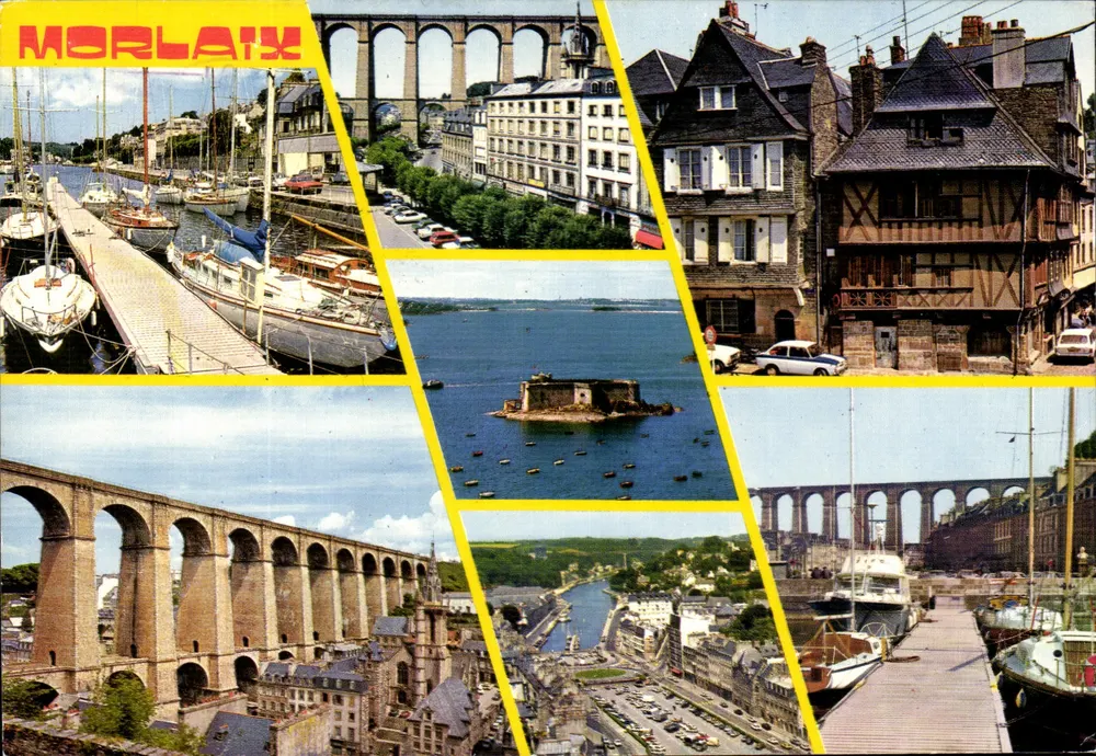 Morlaix — vista panorâmica do porto, do viaduto e das casas — editor Coupours de Bretagne - Frente