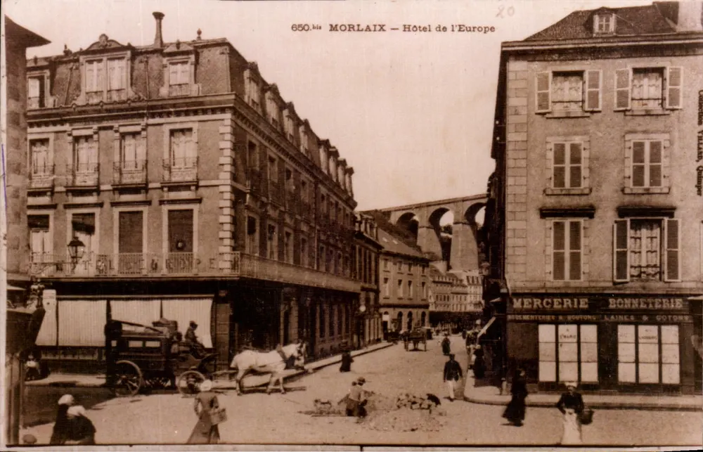 Morlaix — Hotel de l'Europe und Geschäftsstraße — Verlag: Leclerc & Cie, Nr. 650 - Vorderseite