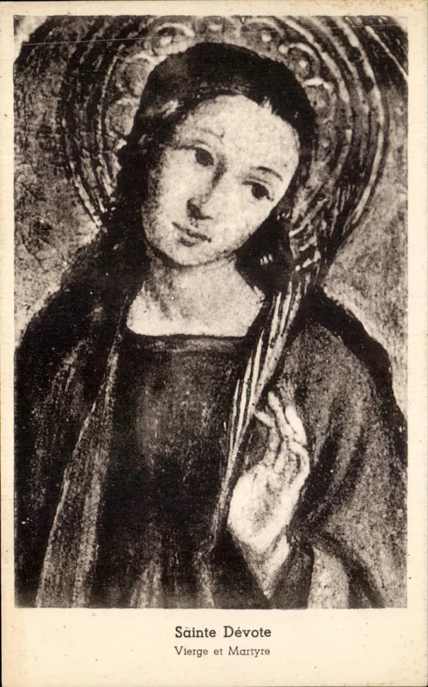 Santa Dévote — Virgem e Mártir — detalhe invertido do retábulo de São Nicolau na catedral de Mônaco por Louis Bréa (1493-1516) - Frente