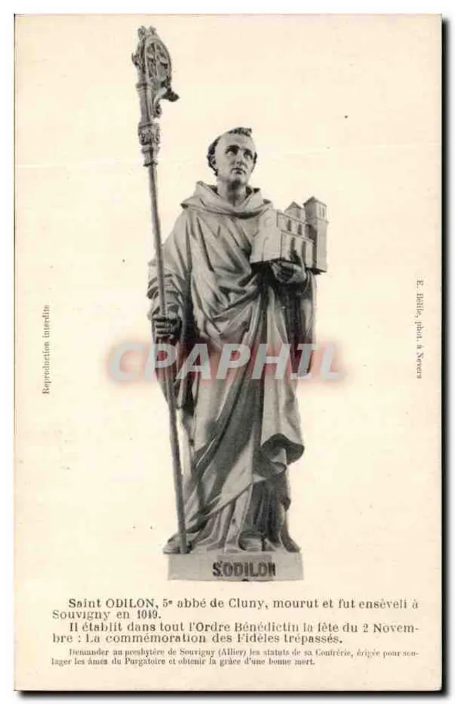 São Odilão — 5º abade de Cluny, estátua em Souvigny — E. Baille, pl. em Noyers - Frente