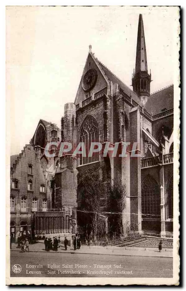 Église Saint-Pierre - Transept Sud — vue de l'édifice gothique avec son clocher à flèche, éditeur Neis, Louvain - Anverso