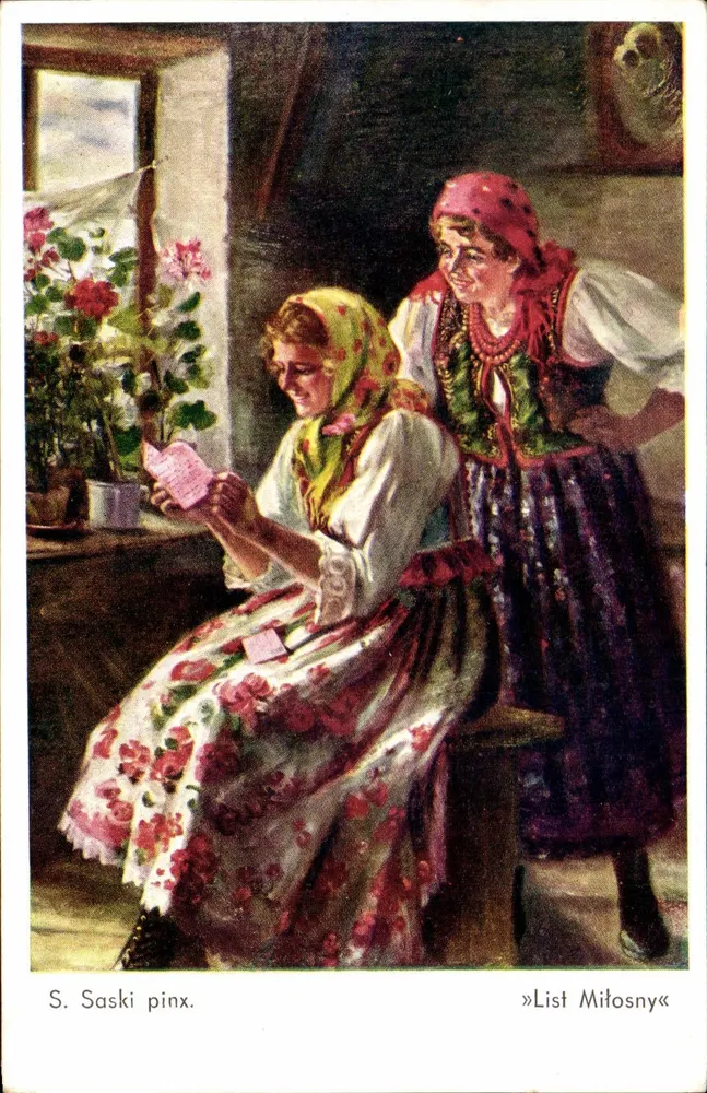Duas jovens mulheres em traje folclórico polonês — «List Miłosny» — S. Saski pinx. — Edição Akropol, Cracóvia - Frente