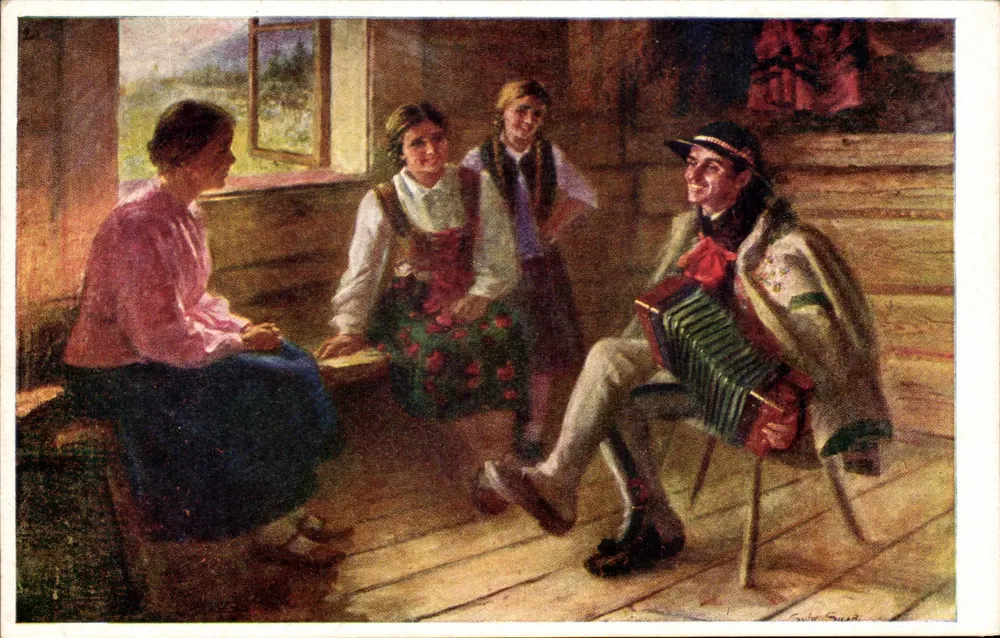 Cena de vida polonesa — músico tocando acordeão — editor AKROPOL, Cracóvia, n° 208/1 - Frente