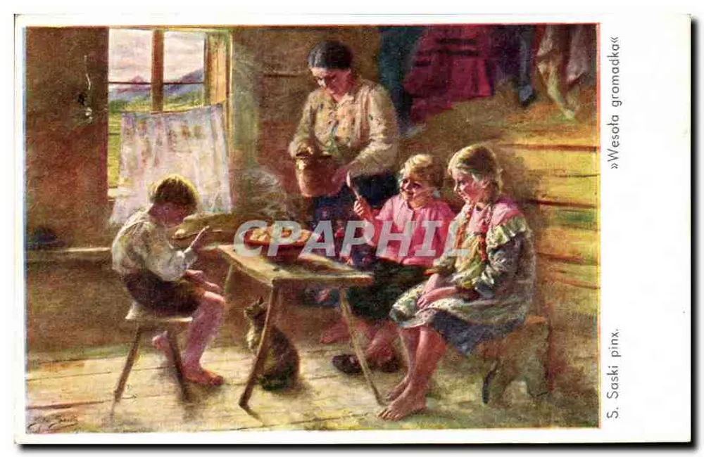 Família em uma cabana — cena de vida — S. Saski pinx. (S. Saski) - Frente