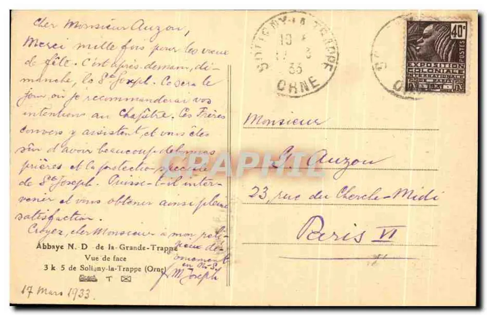Abtei Notre-Dame de la Grande-Trappe — Frontalansicht — Verleger: M. Joseph - Rückseite