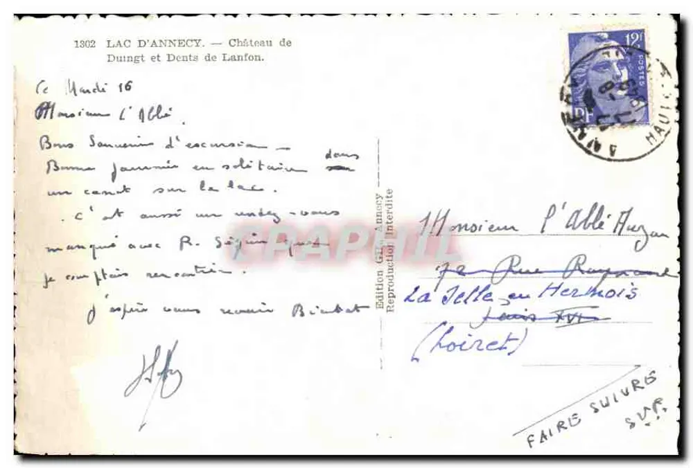 Lago de Annecy — Castelo de Duingt e Dentes de Lanfon — Edição G. Annecy, n°1902 - Verso