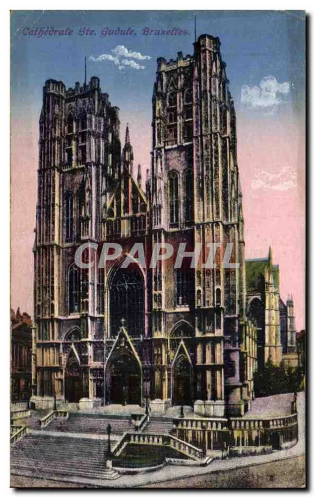 Catedral de Santa Gudula, Bruxelas — vista da fachada com as duas torres — editor não identificado - Frente