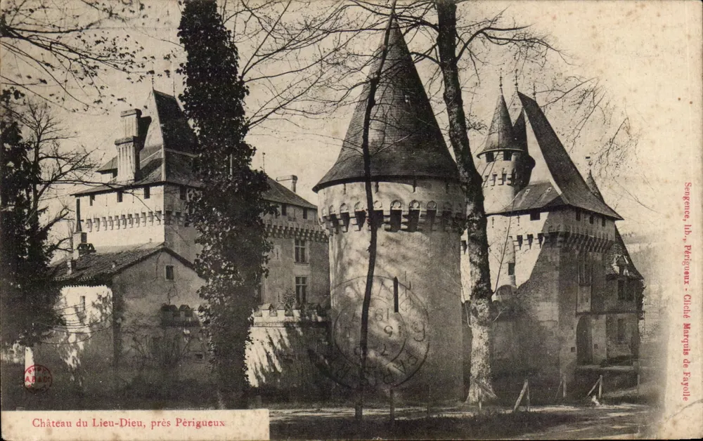 Château du Lieu-Dieu, près Périgueux — vue du château avec tours coniques et éditeur 'Sangence, lib. Périgueux - Château Margaux de Pagoille' - Vorderseite