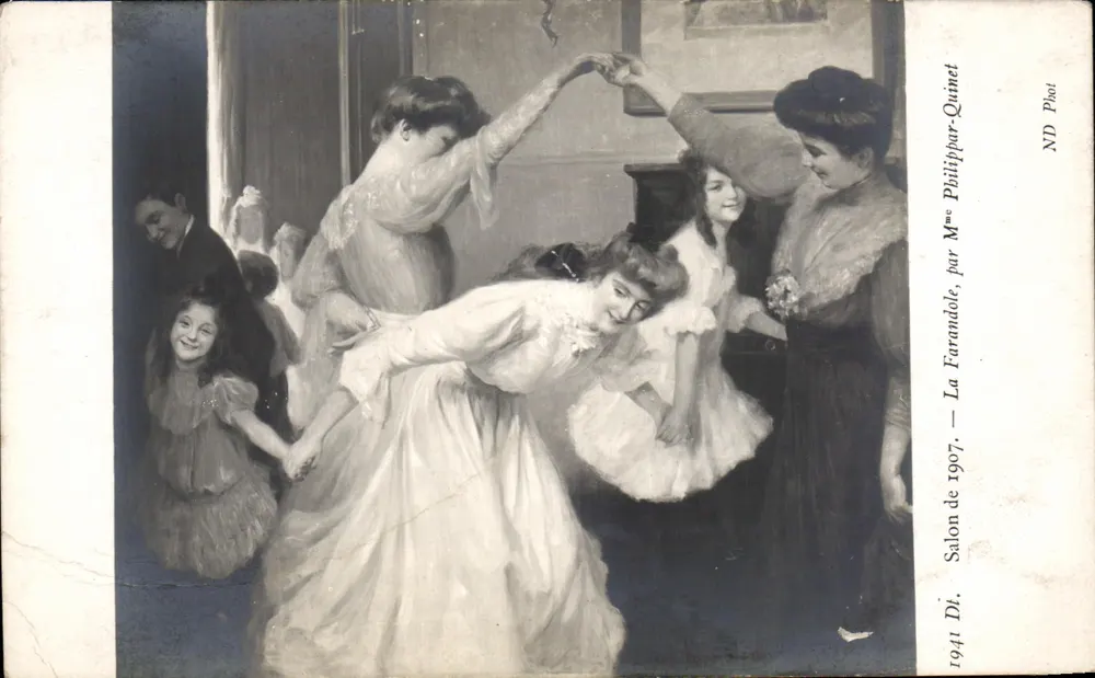 Sujeito: Dança em um salão — Exposição de 1907 — Por Mme Farandole, editada por ND Phot - Frente