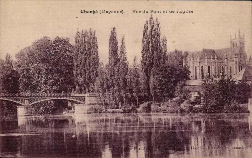 Changé (Mayenne) — Vista del Puente y de la Iglesia — Editor Hamel-Jallier & Cie, deposito - Anverso