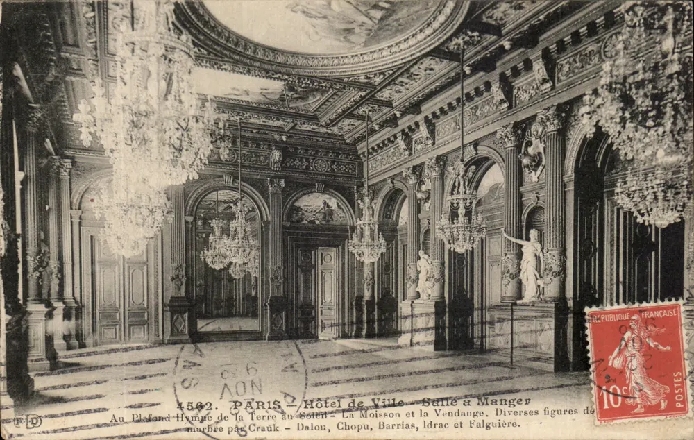 Paris - Rathaus - Speisesaal — Decken-Hymne der Erde zur Sonne, Die Ernte und Die Weinlese, Marmorfiguren von Crauk, Dalou, Chopu, Barrias, Idrac und Falguière - Vorderseite