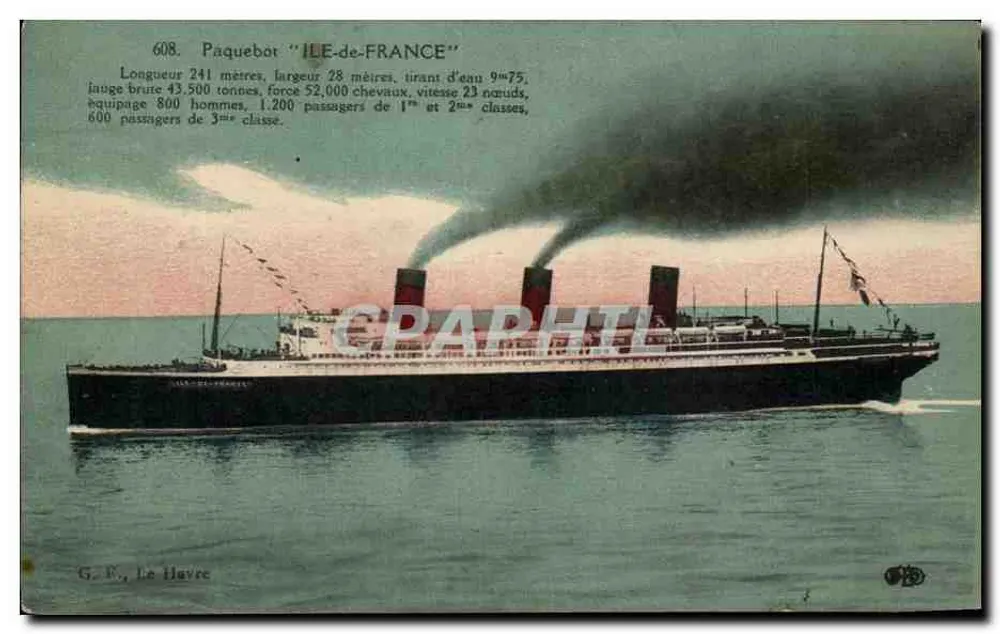 Dampfschiff "Ile-de-France" — technische Details — G. F., Le Havre - Vorderseite