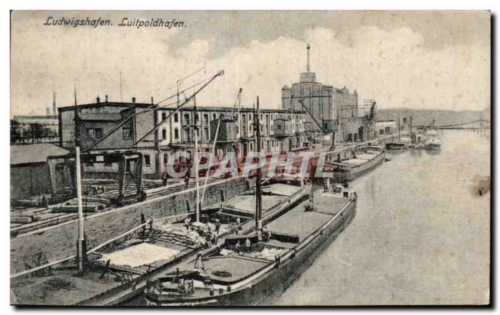 Ludwigshafen. Luitpoldhafen. — Industrieller Hafen mit Kränen und Baggern — Anonyme Ansichtskarte - Vorderseite