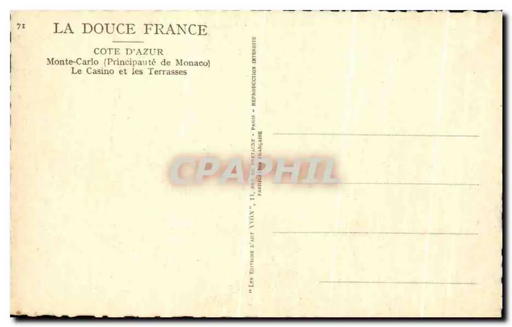 Monte-Carlo (Principat Monaco) — Das Casino und die Terrassen — Éditions d'Art Yvyn, Paris - Rückseite