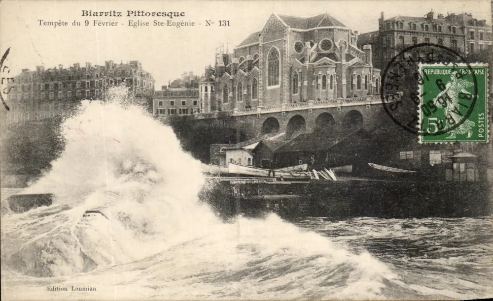 Biarritz Pittoresque — Sturm vom 9. Februar — Kirche Saint-Eugénie — Edition Loumian, Nr. 131 - Vorderseite