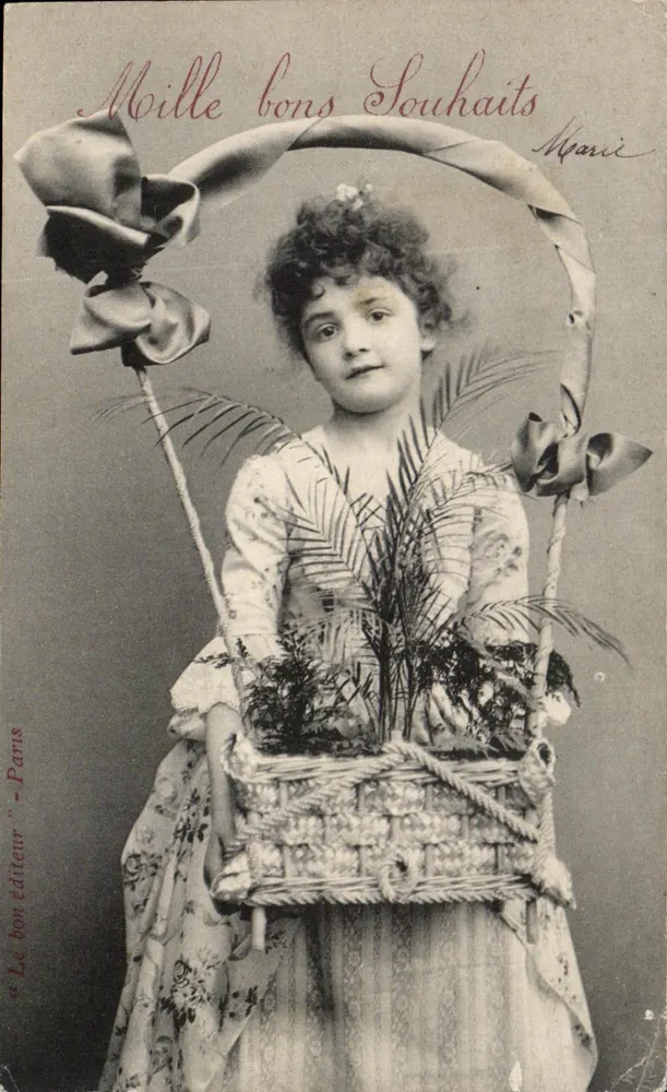 Menina segurando um cesto de flores — 'Mille bons Souhaits' — 'Le bon éditeur' - Paris - Frente