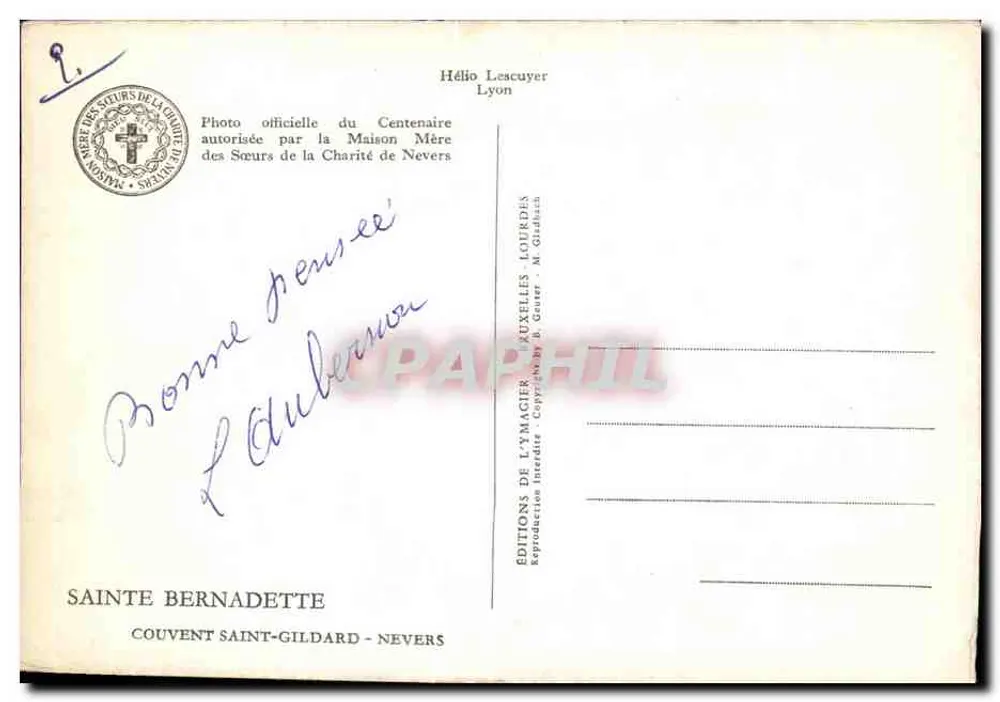 Sainte Bernadette — en prière — Éditions Hélio Lescuyer, Lyon - Verso