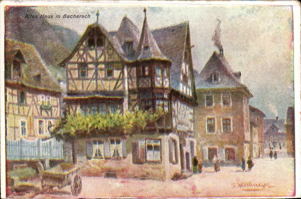 Oud gebouw in Bacharach — schilderij van R. Mennweg — uitgever Breuer & Co. Köln - Voorkant