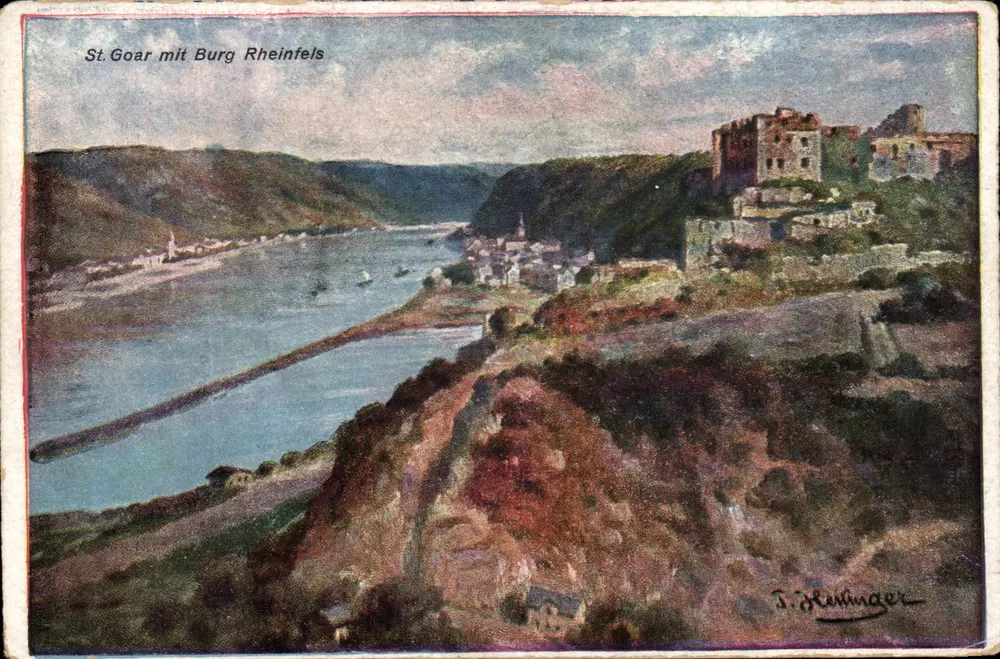 St. Goar mit Burg Rheinfels — Ansicht der Burg Rheinfels am Rhein — Zeichnung von F. Heubner - Vorderseite