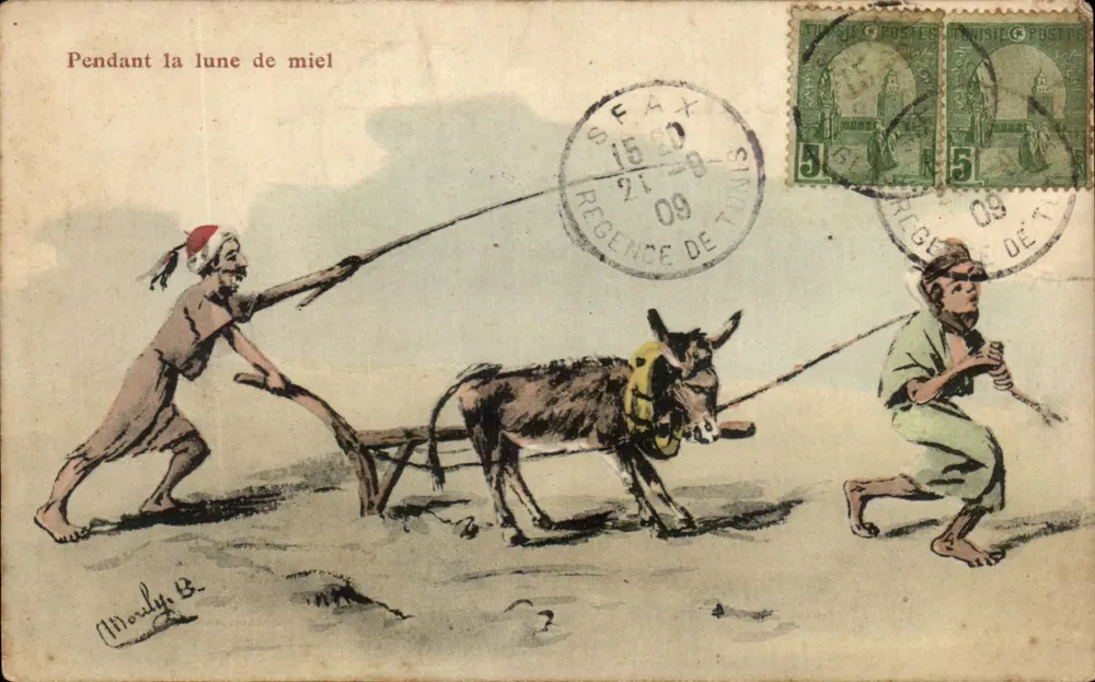 Pendant la lune de miel — dessin de Morly B. — Tunisie, Regence de Tunis - Recto