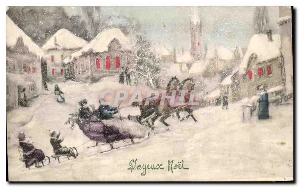 Schneeviertel — WeihnachtsSzene mit Schlitten und Personen — unbekannter Verlag - Vorderseite