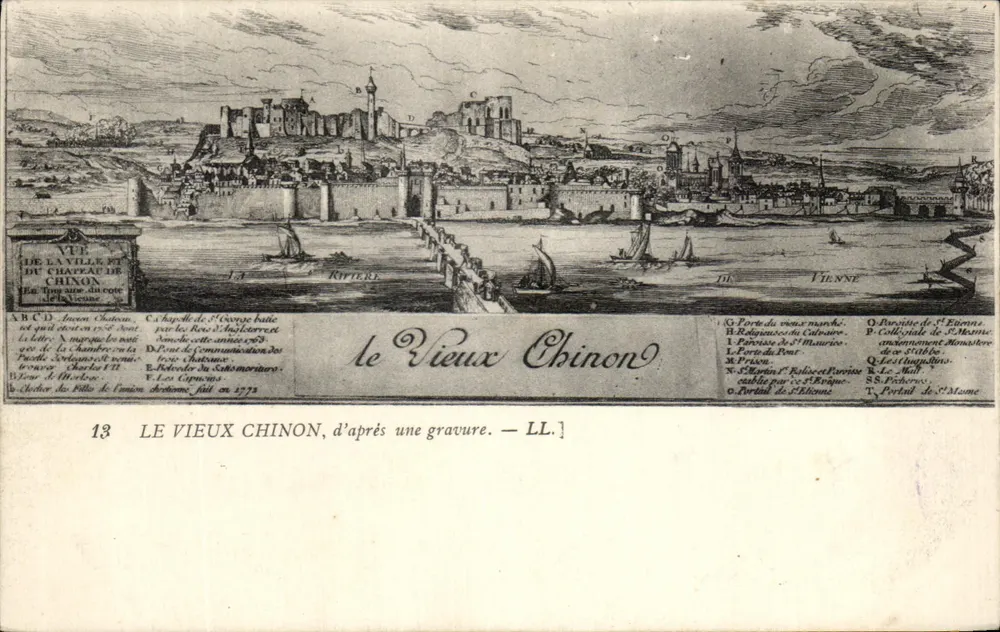 Alt-Chinon — Ansicht des Schlosses und der Stadt — nach einer Radierung von 1773 — LL. 13 - Vorderseite