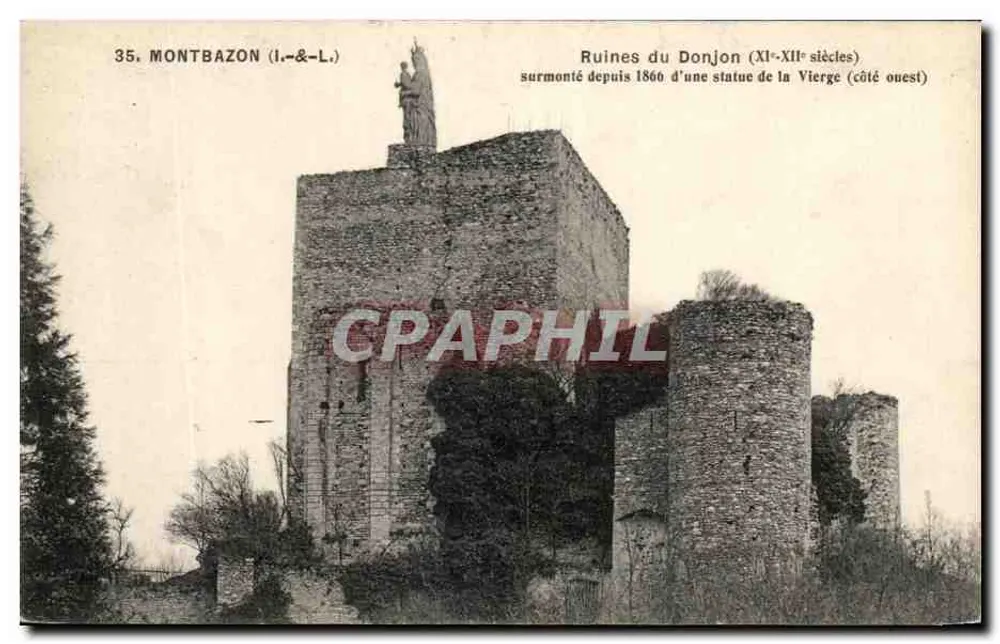 Ruinen des Bergfrieds in Montbazon — 11. bis 12. Jahrhundert, Statue der Jungfrau (Westseite) — Verlag L.-&-L., Nr. 35 - Vorderseite