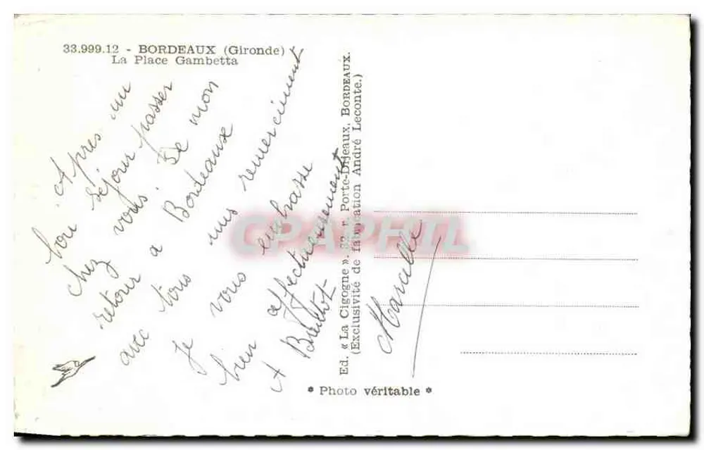 A Praça Gambetta — Bordeaux — Ed. La Cigogne, n° 33.999.12 - Verso