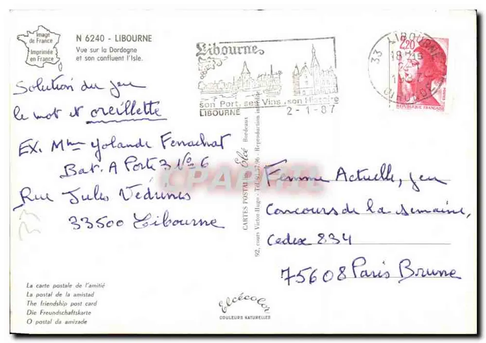 Libourne — Blick auf die Dordogne und ihren Zusammenfluss mit der Isle — Verlag Elcés, Nr. 6240 - Rückseite