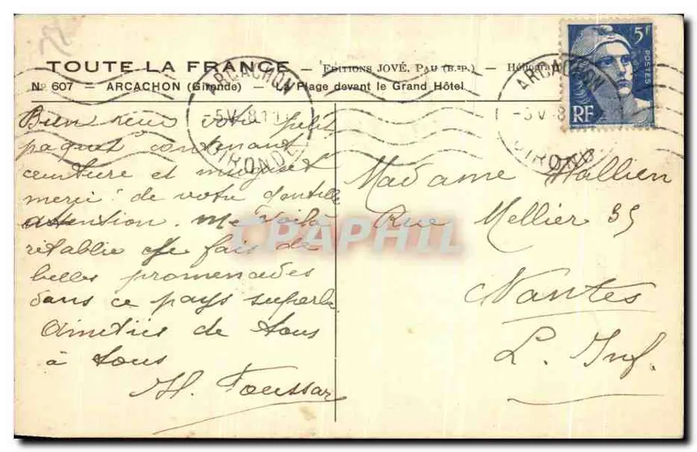 Arcachon — A Praia diante do Grande Hotel — Éditions Jové, n° 607 - Verso