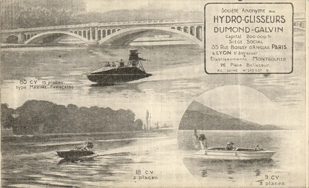 Hydroglider-Boote — Werbung für die Société Anonyme des Hydro-Glisseurs Dumond-Galvin — unbekannter Verlag, Seriennummer nicht sichtbar - Vorderseite
