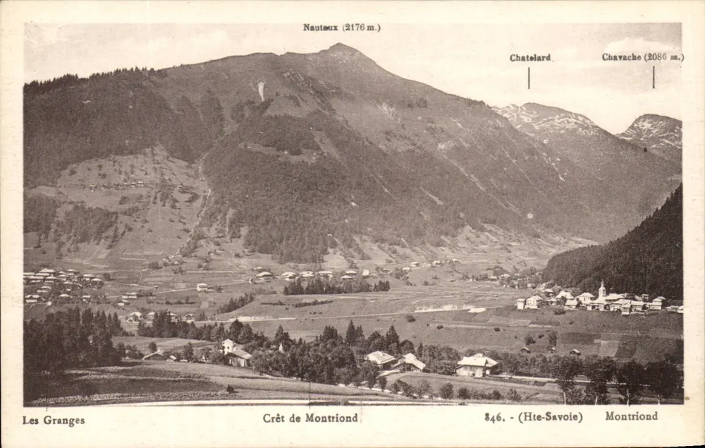Les Granges - Crêt de Montriond — vista panorámica de las montañas y el pueblo — editor L. Farron, Abret (Haute-Savoie), n.º 846 - Anverso