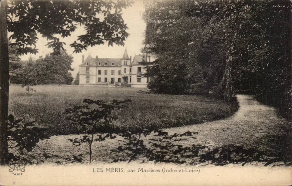 Les Mérîs, por Mazières (Indre-et-Loire) — castelo cercado de vegetação — editor Paris - Frente