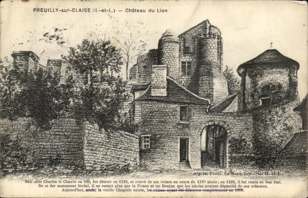 PREUILLY-sur-CLAISE (I.-et-L.) — Castelo do Leão — Aigriet, Foto. La Haye-Descartes (I.-et-L.) - Frente